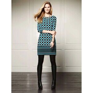 White House Black Market Teal, Black, and White Geometric Dress Size XXS